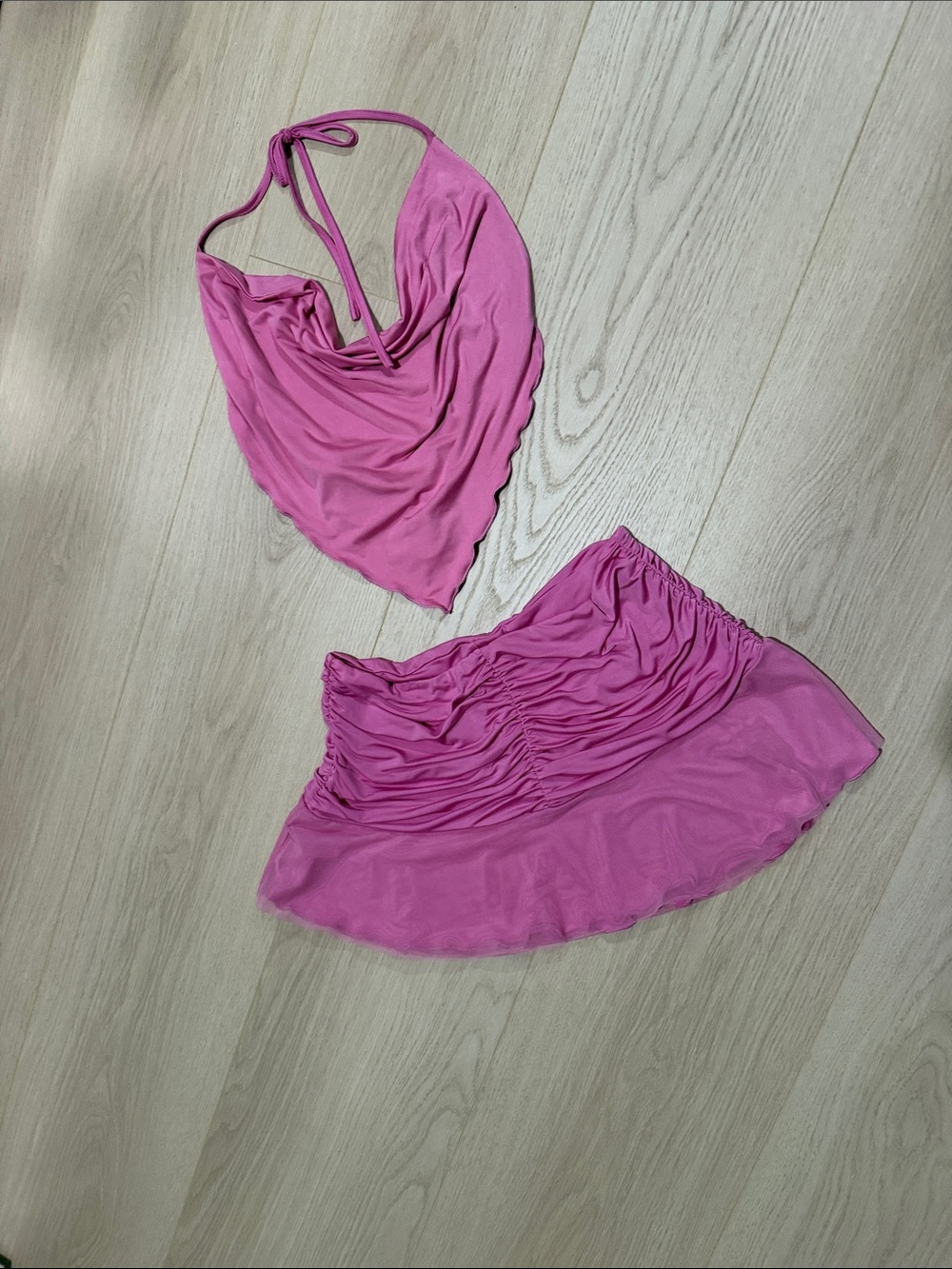 I Am Gia Pink Ruched Halter Mini Skirt Set